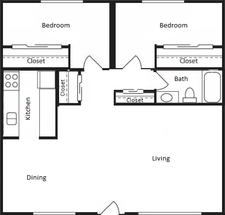 Floor plan for 2 beds, 1 bath, 850 sqft